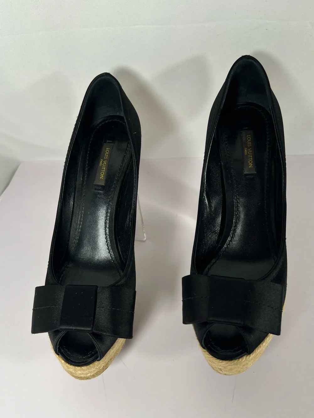 7246: Louis Vuitton Black Satin Espadrille Platform Pumps Heels Size 39